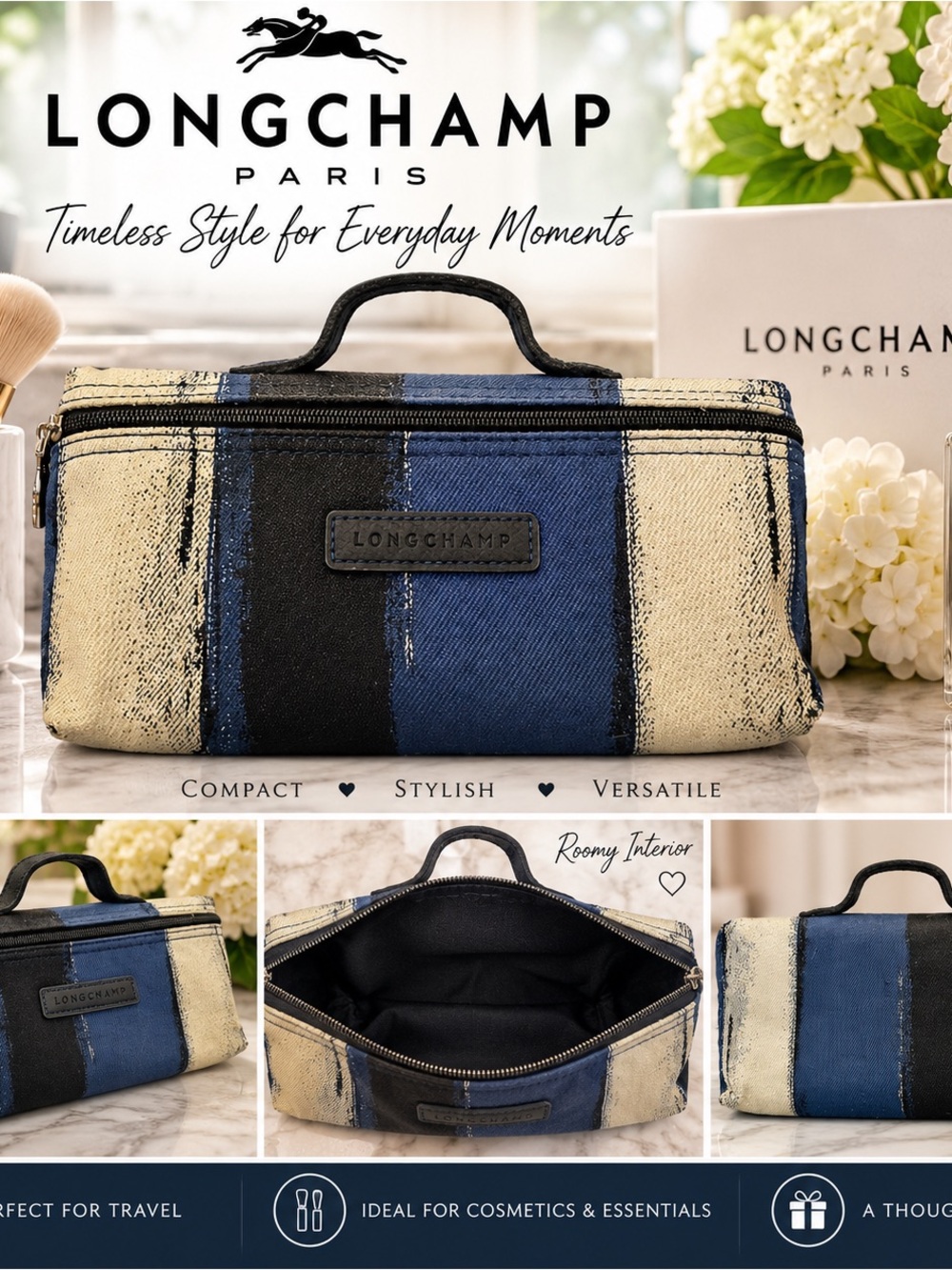 Longchamp Blue Black Cream Striped Canvas Cosmetic Pouch